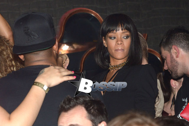 Rihanna reunited with her on-again, off-again boyfriend Drake at Club Soixante Dix Neuf in Paris. Drake and Future the Prince headlined at the nightclub on it's one year celebration. The Canadian rapper kept the crowd moving as he took over DJ duties. After his set, Drake sipped on a cold beverage and showed off some dance moves. Once the party was over, Rihanna locked arms with a bodyguard and headed for the club's exit.