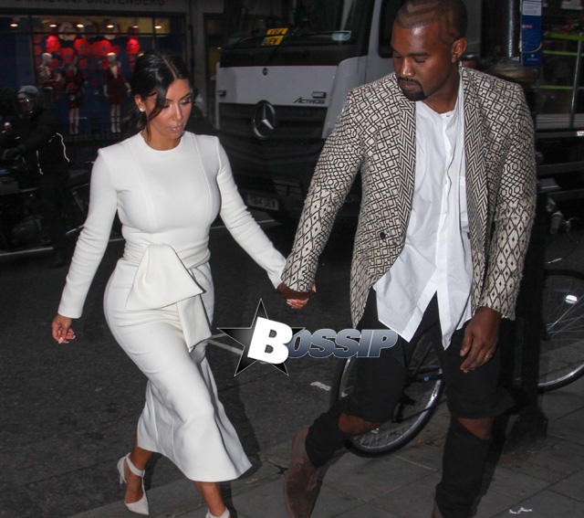 Kim Kardashian and Kanye West go out for a dinner date at Hakkasan Restaurant in Mayfair. West is spotted with an intricately shaved new hairstyle.