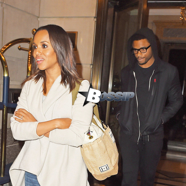 New York, NY - Kerry Washington walks a few steps ahead of her husband Nnamdi, following their new daughter and nanny out of the Ritz Carlton in New York. The actress has been promoting the new season of her hit TV show "Scandal".