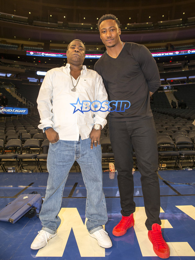SplashNews Picture by Anthony J Causi Tracy Morgan wife Megan Wollover Madison Square Garden court side Knicks Thunder Brandon Marshall JB Smoove