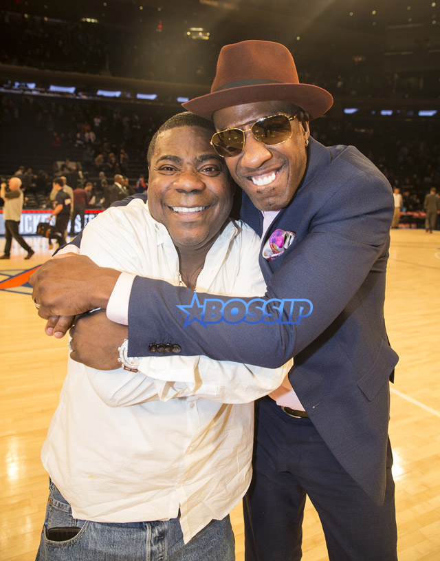 SplashNews Picture by Anthony J Causi Tracy Morgan wife Megan Wollover Madison Square Garden court side Knicks Thunder Brandon Marshall JB Smoove