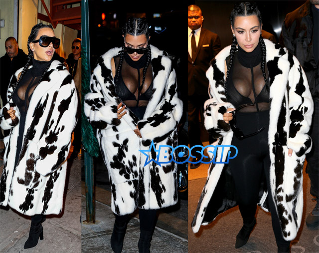 AKM-GSI Kim Kardashian NYFW Cruella De Vil Inspired Fur Coat Black and White Cornrows Cleavage