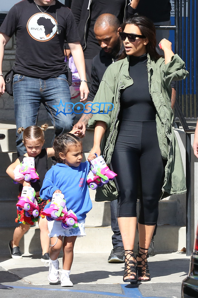 AKM-GSI Kim Kardashian Kourtney Kardashian Kris Jenner Corey Gamble North West Penelope Disick skating rink filming reality TV