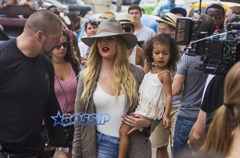 Khloe Kardashian Odom holds niece North West as she prepares to enter the Havana Club Rum Museum in Havana, Cuba, Wednesday, May 4, 2016. (AP Photo/Desmond Boylan)