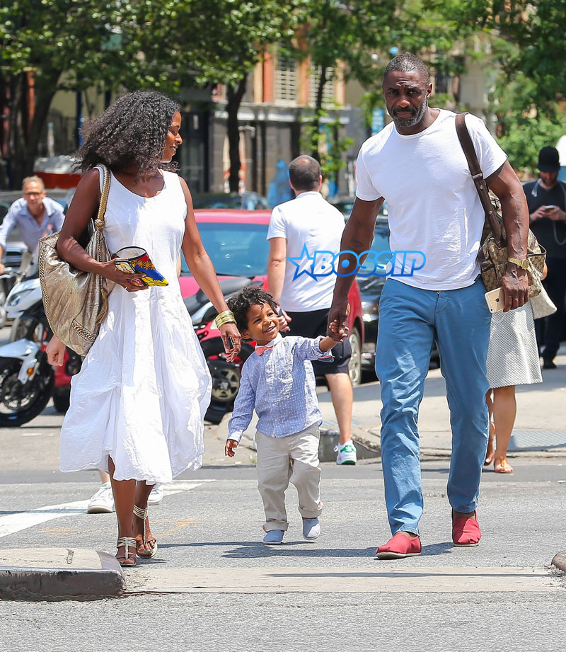 Actor Idris Elba son Winston friend in New York City, New York on July 6, 2016. Winston daddy ride on his shoulders. FameFlynet