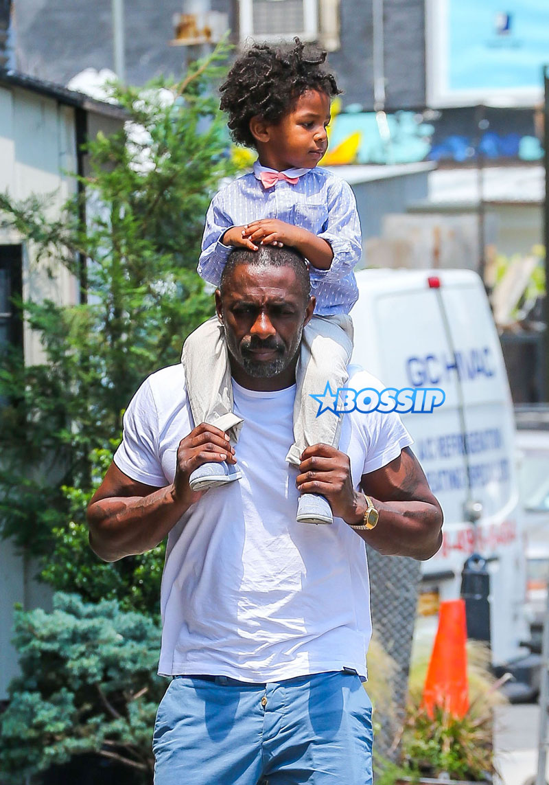 Actor Idris Elba son Winston friend in New York City, New York on July 6, 2016. Winston  daddy ride on his shoulders. FameFlynet