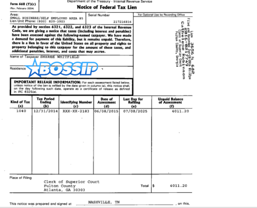 sheree whitfield federal tax lien