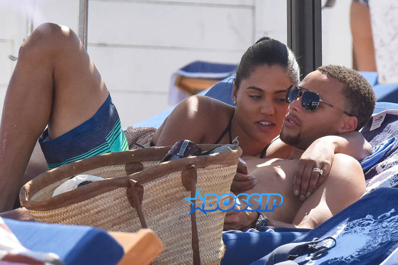 Saint-Tropez, France - basketball player Golden State Warriors, Stephen Curry, wife Ayesha St. Tropez. Beach Boat Swim Bikini Coverup Sunglasses Givenchy Slides FlipFlops AKM-GSI