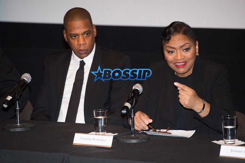 Shawn "Jay Z" Carter and Venida Browder announce the Weinstein Television and Spike TV release of "TIME: The Kalief Browder Story" during a press conference at The Roxy Hotel Cinema on Thursday, Oct. 6, 2016, in New York. (Photo by Charles Sykes/Invision/AP)