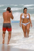 AKM-GSI Ashley Graham, world's hottest women, curves Cancun, Mexico bikini body patterned two-piece.