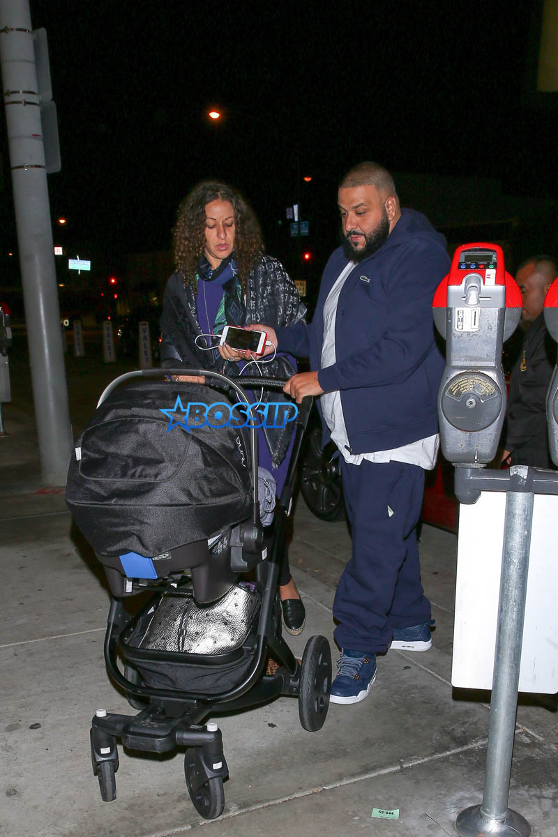 DJ Khaled fiancée Nicole Tuck newborn son Asahd Tuck Khaled to Catch LA in West Hollywood. The couple welcomed baby Asahd just under a month ago. blue track suit, stroller   AKM-GSI 