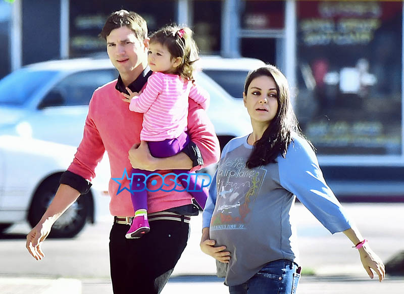 SplashNews A very pregnant Mila Kunis along with husband Ashton Kutcher were spotted heading to breakfast with daughter Wyatt in Studio City, CA.