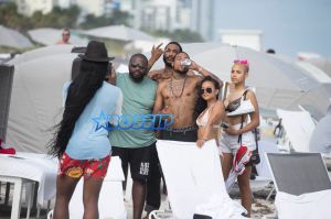 Chris Brown's ex Karrueche Tran pale pink bikini, Miami. SplashNews