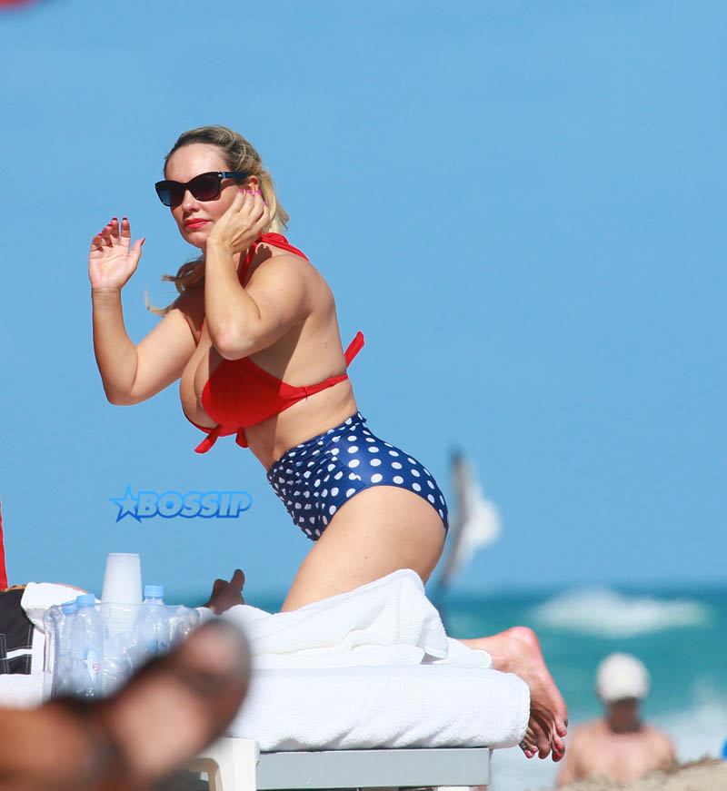 Coco Austin red white blue polka dot bikini body beach Miami baby Chanel on vacation with husband Ice T SplashNews