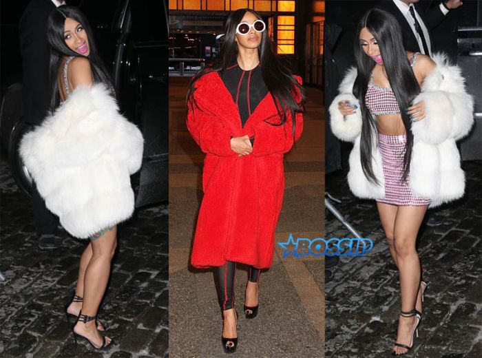 Love and Hip Hop star Cardi B. bares midriff in a pink outfit in New York City. white fur SplashNews