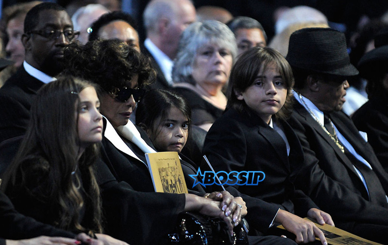 LOS ANGELES, CA - JULY 07: In this handout provided by Harrison Funk and Kevin Mazur, Paris Jackson, Katherine Jackson, Prince Michael Jackson II, Prince Michael Jackson, Joe Jackson attend Michael Jackson's Public Memorial Service held at Staples Center on July 7, 2009 in Los Angeles, California. (Photo by Harrison Funk/MJ Memorial via Getty Images)