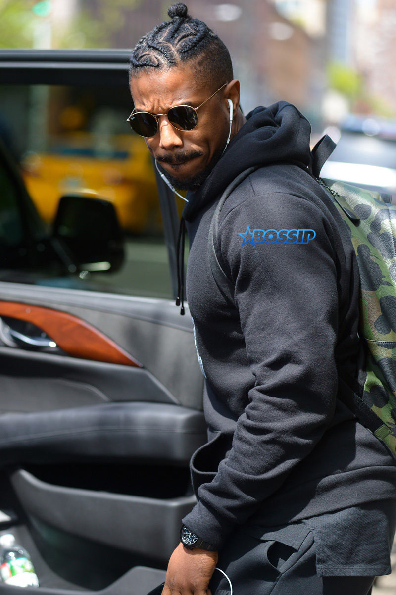 Michael B Jordan wears a black Lost Tribe hoodie in downtown Manhattan. SplashNews