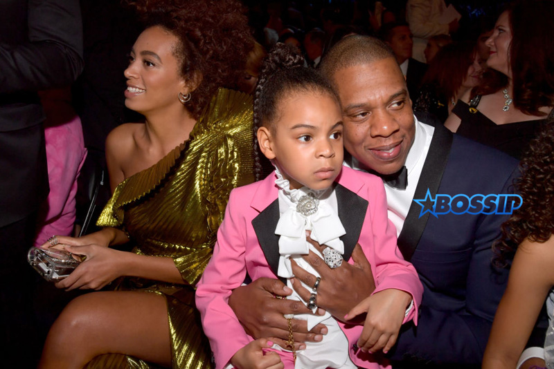 LOS ANGELES, CA - FEBRUARY 12: (L-R) Singer Solange Knowles, Blue Ivy Carter and Jay-Z during The 59th GRAMMY Awards at STAPLES Center on February 12, 2017 in Los Angeles, California. (Photo by Lester Cohen/Getty Images for NARAS)