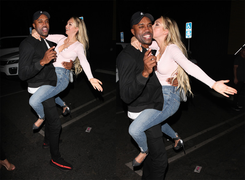 Bachelor in Paradise contestants Corinne Olympios and DeMario Jackson hug and share a passionate kiss with one another at the Nightingale club in West Hollywood. They arrived to the club at 11:30 P.M. They both came outside to say goodbye to each other. Corinne left with her friend while DeMario left by himself.