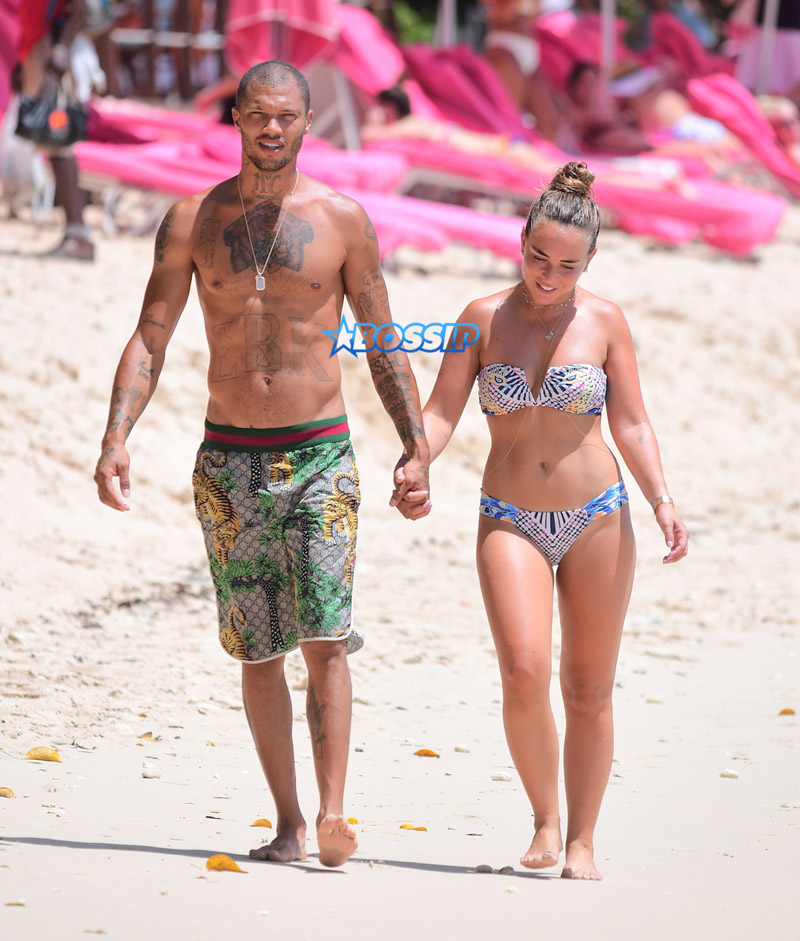 Hot Felon Jeremy Meeks t on the beach with his girlfriend, Topshop Heiress, Chloe Green. The couple packed on the PDA as they sat near the ocean in Barbados. jet ski, shower