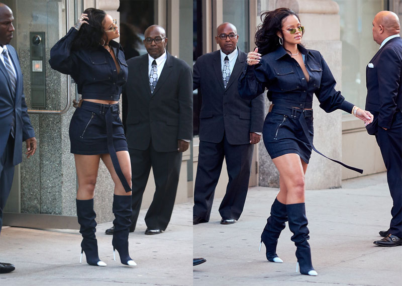 Singer Rihanna steps out wearing a blue Tom Ford outfit after visiting the gym earlier in the day in New York City, NY.