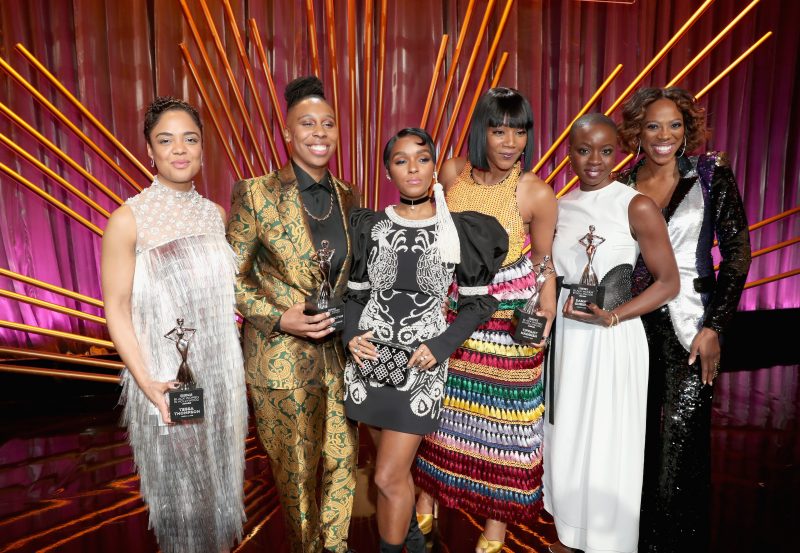 BEVERLY HILLS, CA - MARCH 01: (L-R) Tessa Thompson, Lena Waithe, Janelle Monae, Tiffany Haddish, Danai Gurira and Yvonne Orji onstage during the 2018 Essence Black Women In Hollywood Oscars Luncheon at Regent Beverly Wilshire Hotel on March 1, 2018 in Beverly Hills, California.