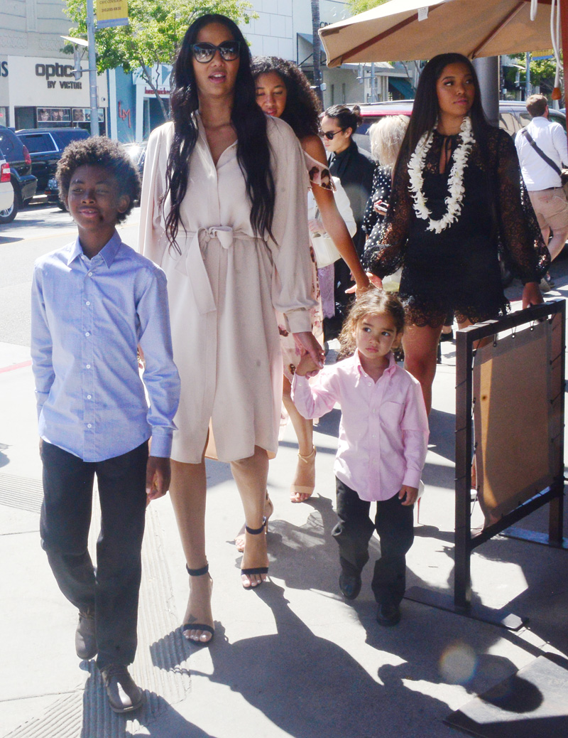 Kimora Lee Simmons, ex wife of Russell Simmons, is spotted with her children, Ming Lee Simmons, Aoki Lee Simmons, Kenzo Lee Hounsou and Wolfe Lee Leissner, following a graduation lunch at Il Pistaio Restaurant in Beverly Hills, California, USA.