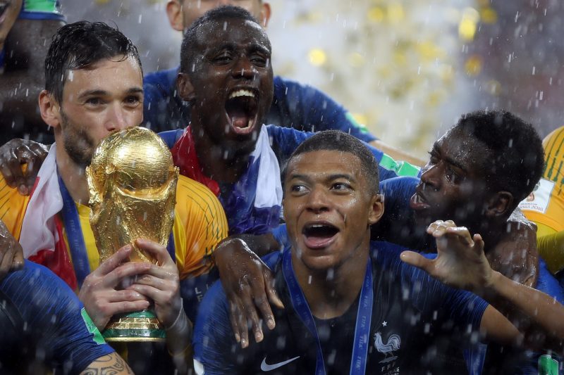 Hugo Lloris, Olivier Giroud, Kylian Mbappe, Olivier Giroud, Antoine Griezmann during Russia 2018 World Cup final football match between France and Croatia at the Luzhniki Stadium in Moscow
