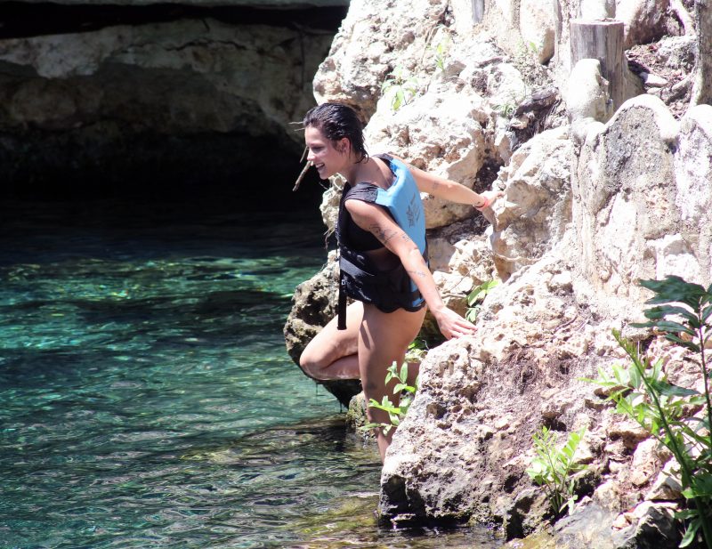 Singer Halsey wears a black bikini as she is seen while on a Mexican Getaway visiting the Cenotes in Tulum Mexico.
