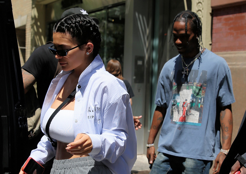 TV personality Kylie Jenner and Travis Scott leave the Mercer Hotel in New York City, New York on May 8, 2018.