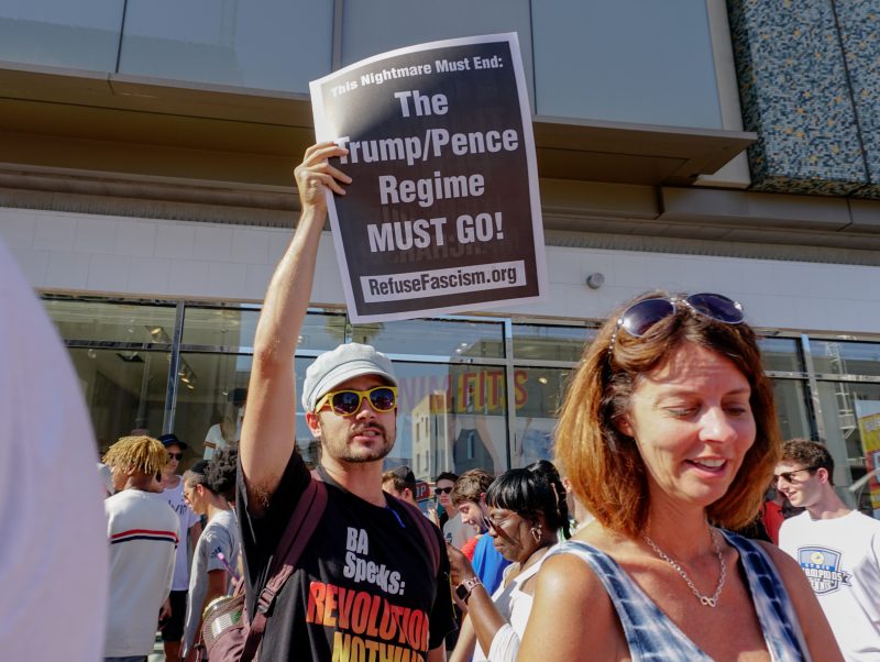 Protesters at the scene after U.S President Donald Trump 's Hollywood Walk of Fame star was vandalized by a man with a pickaxe overnight.