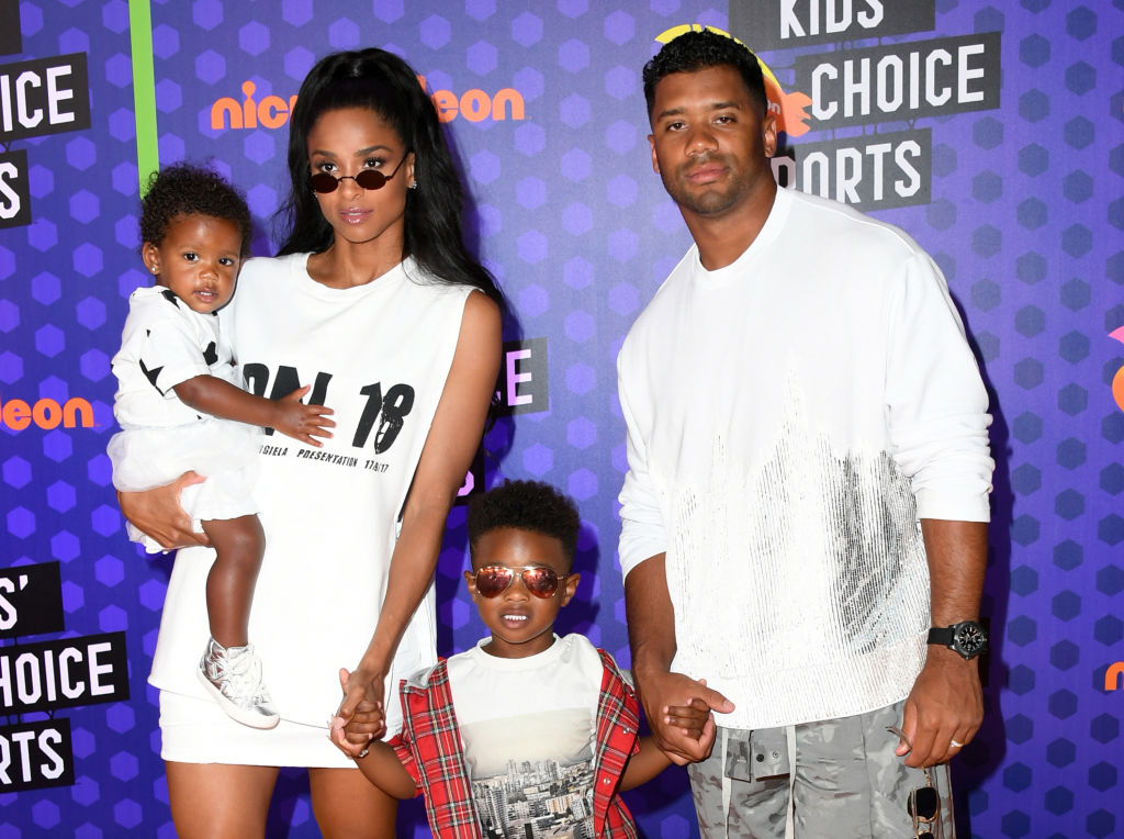 SANTA MONICA, CA - JULY 19: (L-R) Sienna Princess Wilson, Ciara, Future Zahir Wilburn, and NFL player Russell Wilson attend the Nickelodeon Kids' Choice Sports 2018 at Barker Hangar on July 19, 2018 in Santa Monica, California.
