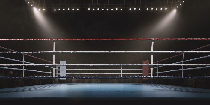 Boxing: Empty professional ring with crowd