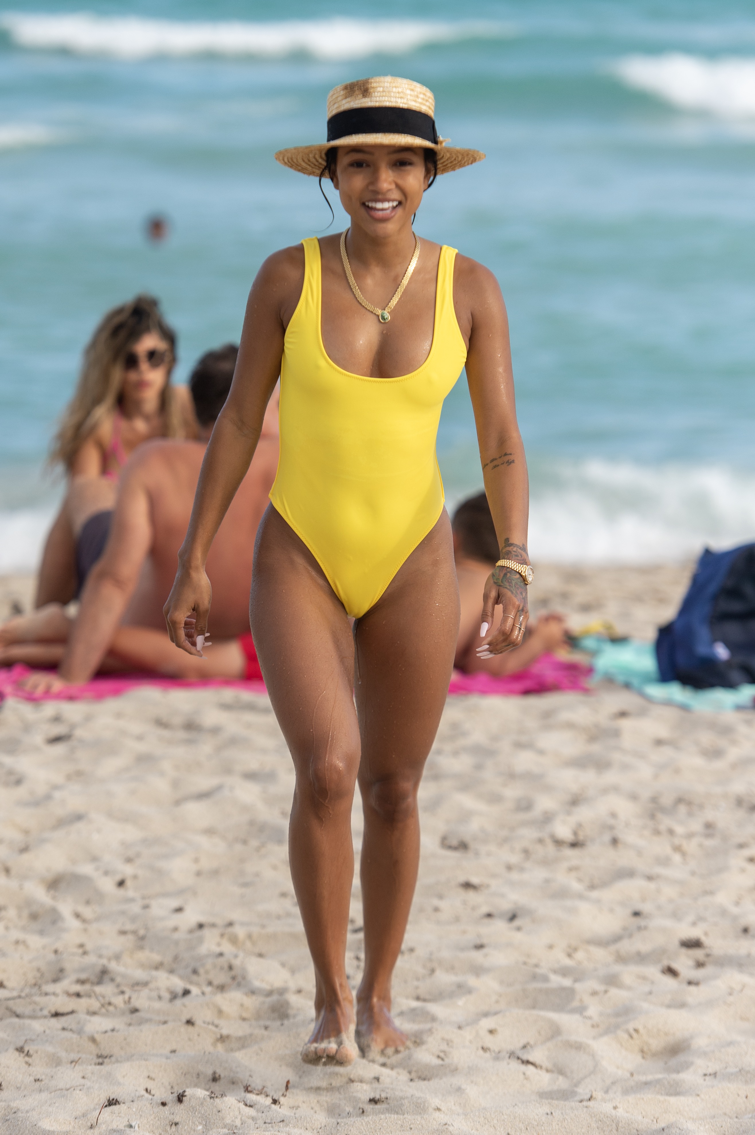 Karrueche Tran Yellow One Piece Miami Beach