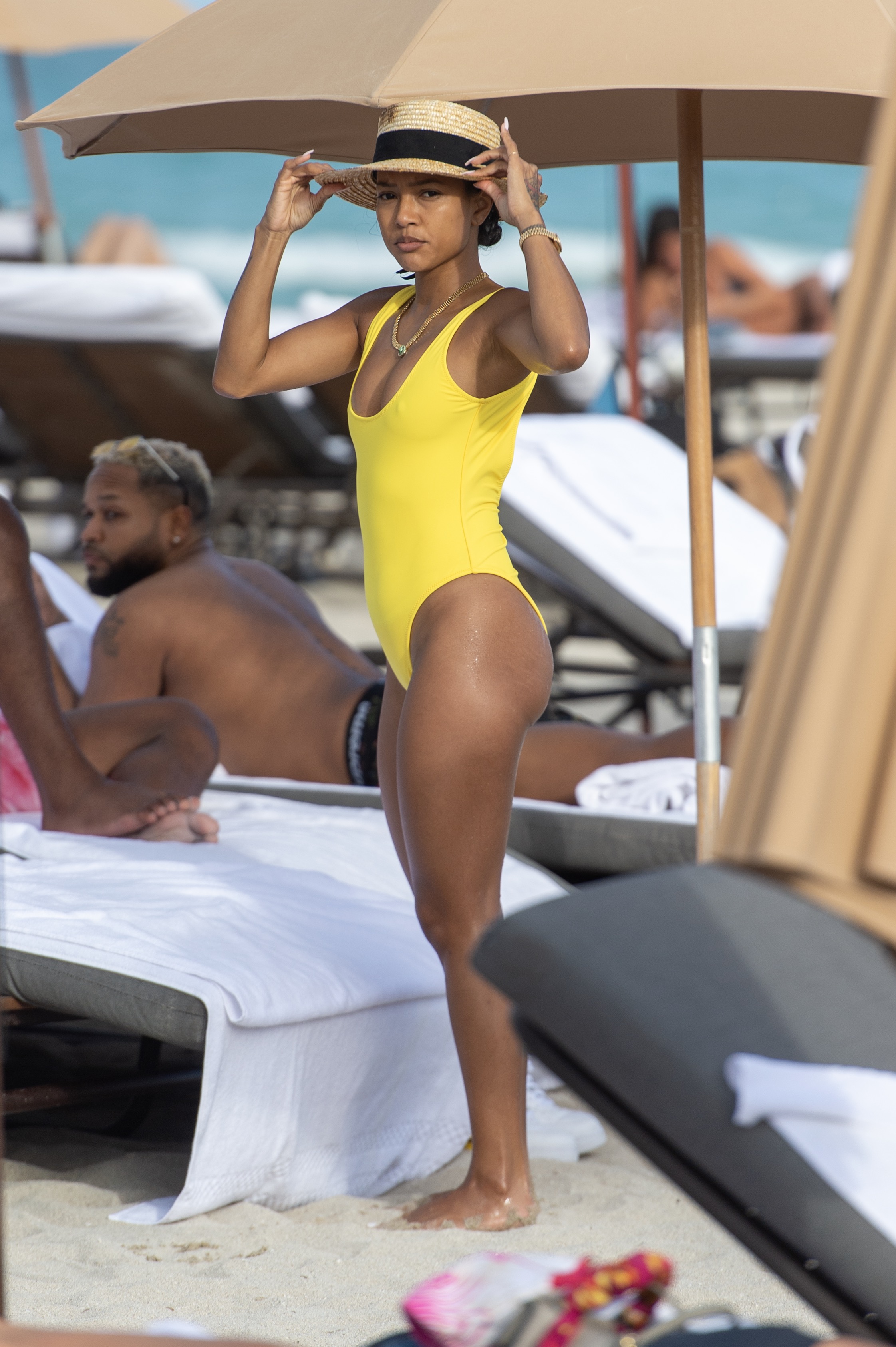 Karrueche Tran Yellow One Piece Miami Beach