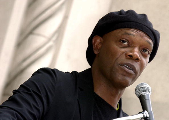 US actor Samuel L. Jackson gives a speech before h