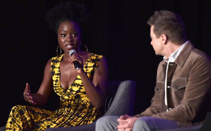 Danai Gurira, Paul Rudd and Scarlett Johansson speak onstage during Marvel Studios' "Avengers: Endgame" Global Junket Press Conference
