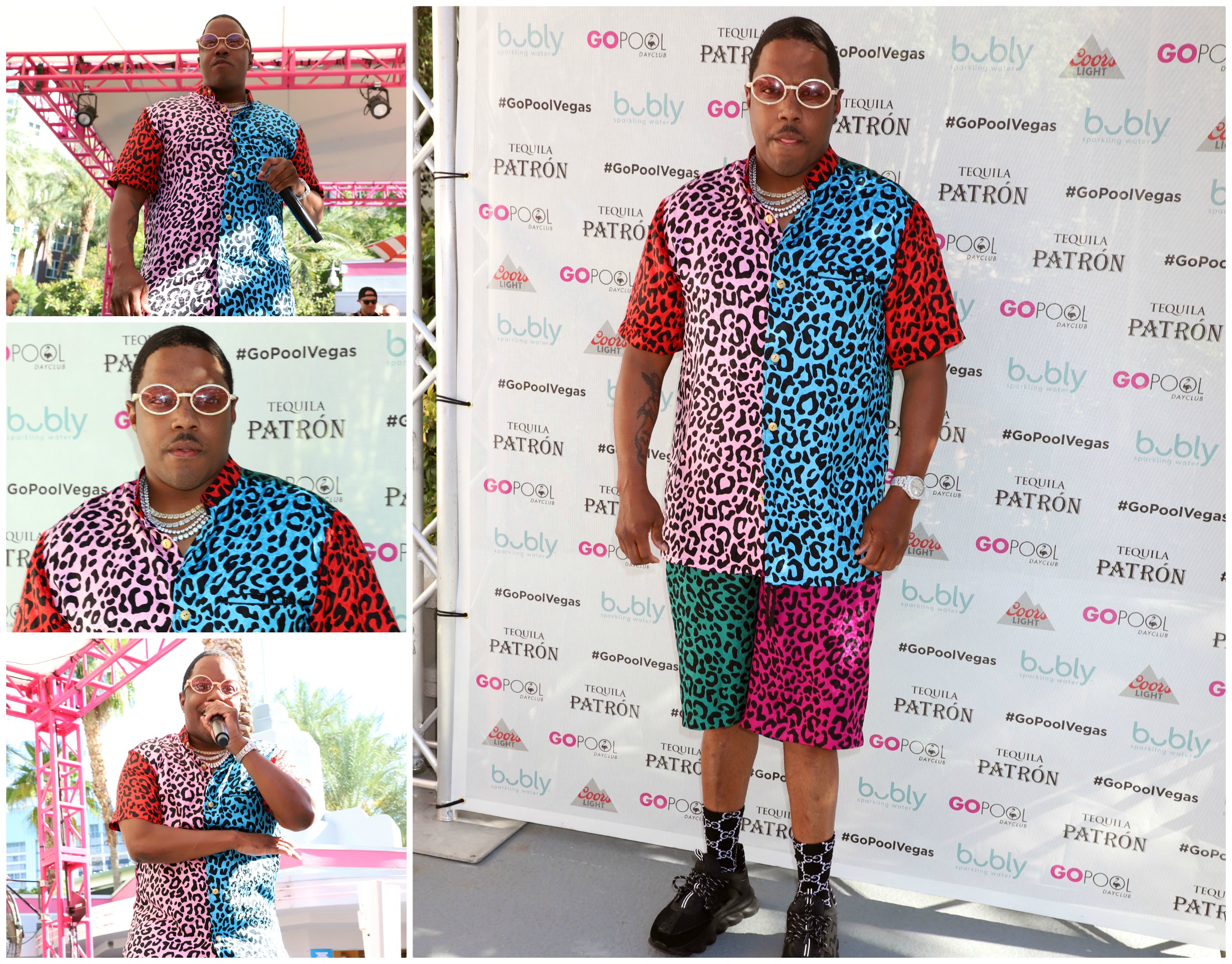 MA$E wears multicolored cheetah print short set for Vegas Pool Party