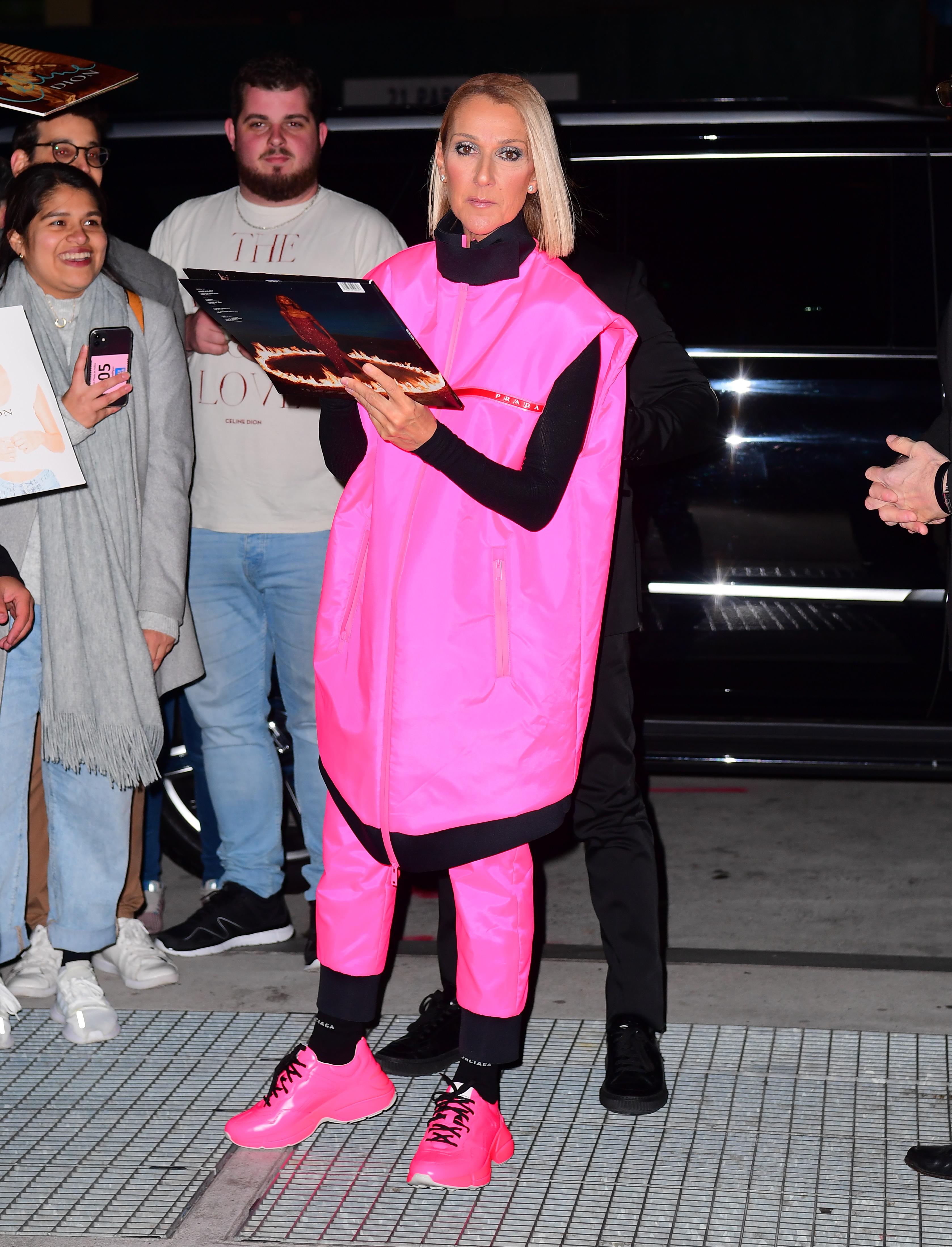 Celine Dion wears hot pink Prada