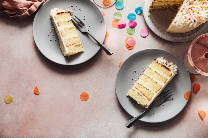 Delicious birthday cake served on a table