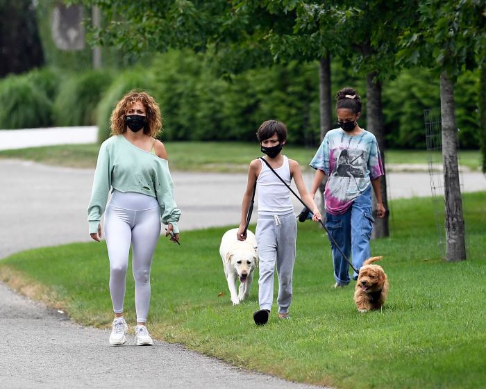 Jennifer Lopez walks dogs with kids Max and Emme in the Hamptons