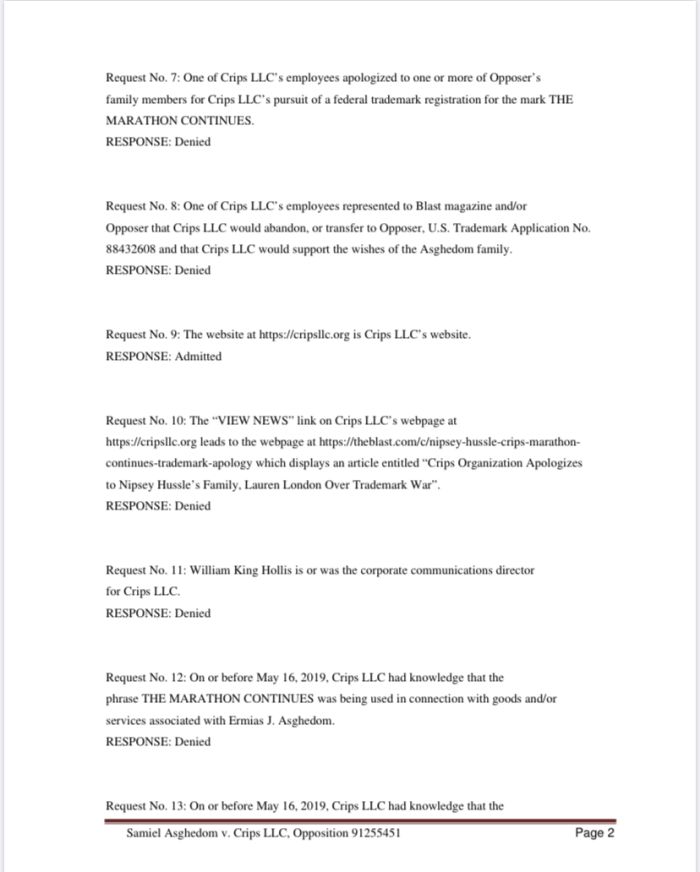 Court documents in Samiel Asghedom vs. Crips LLC trademark dispute