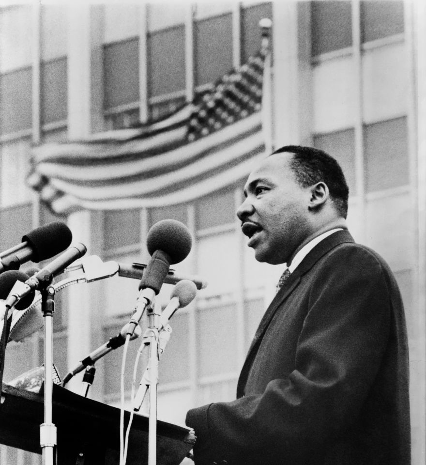 Martin Luther King, Jr., half-length portrait, facing left, speaking at microphones, during anti-war demonstration, New York City, New York, USA, Don Rice for World Journal Tribune, 1967