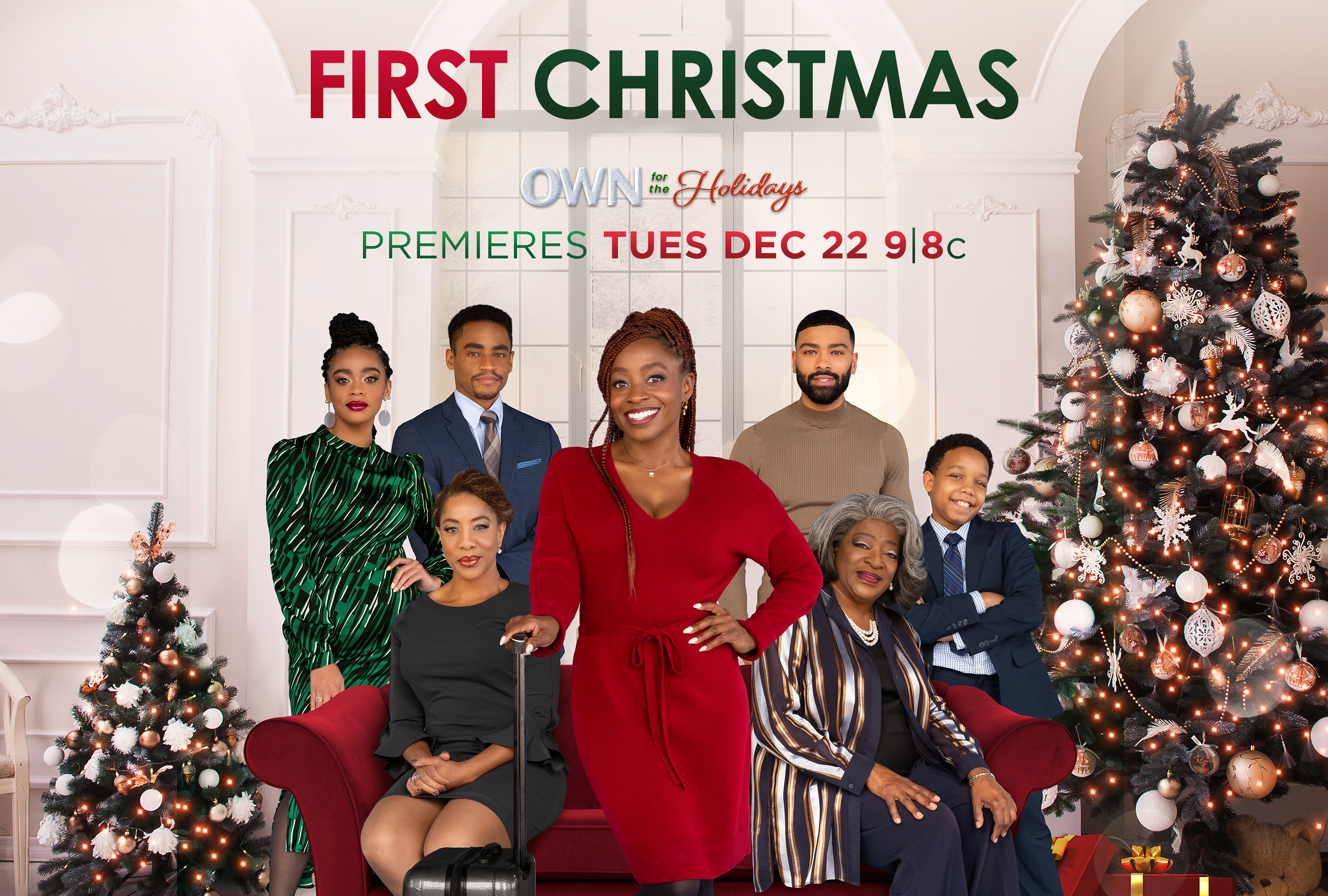 Key Art and Production Stills for OWN holiday movie "First Christmas" starring Idara Victor