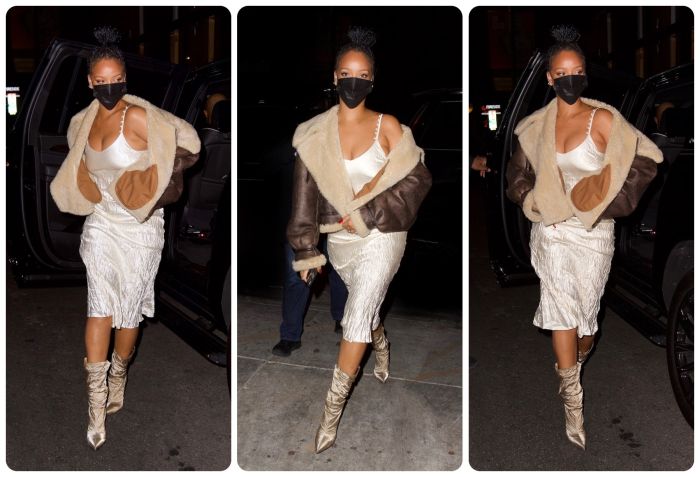 Rihanna wore a cream colored slip dress and natural colored booties for dinner out in Los Angeles