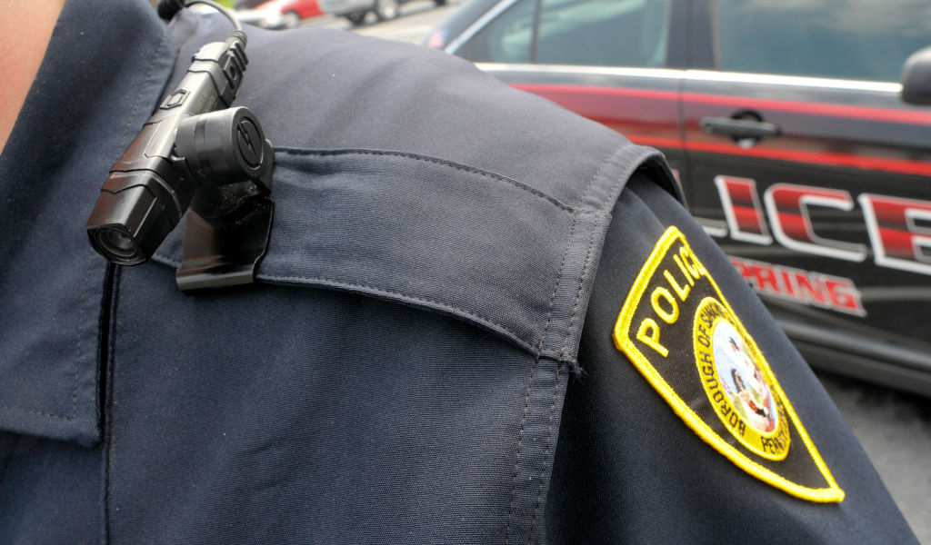 Police Body Cam in Sinking Spring Sinking Spring Patrolman William Skelton wears a new police body camera. Photo by Bill Uhrich 5/6/2015