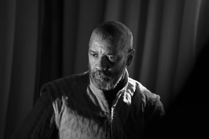 The Tragedy of Macbeth Key art featuring Denzel Washington, Frances McDormand and Kathryn Hunter