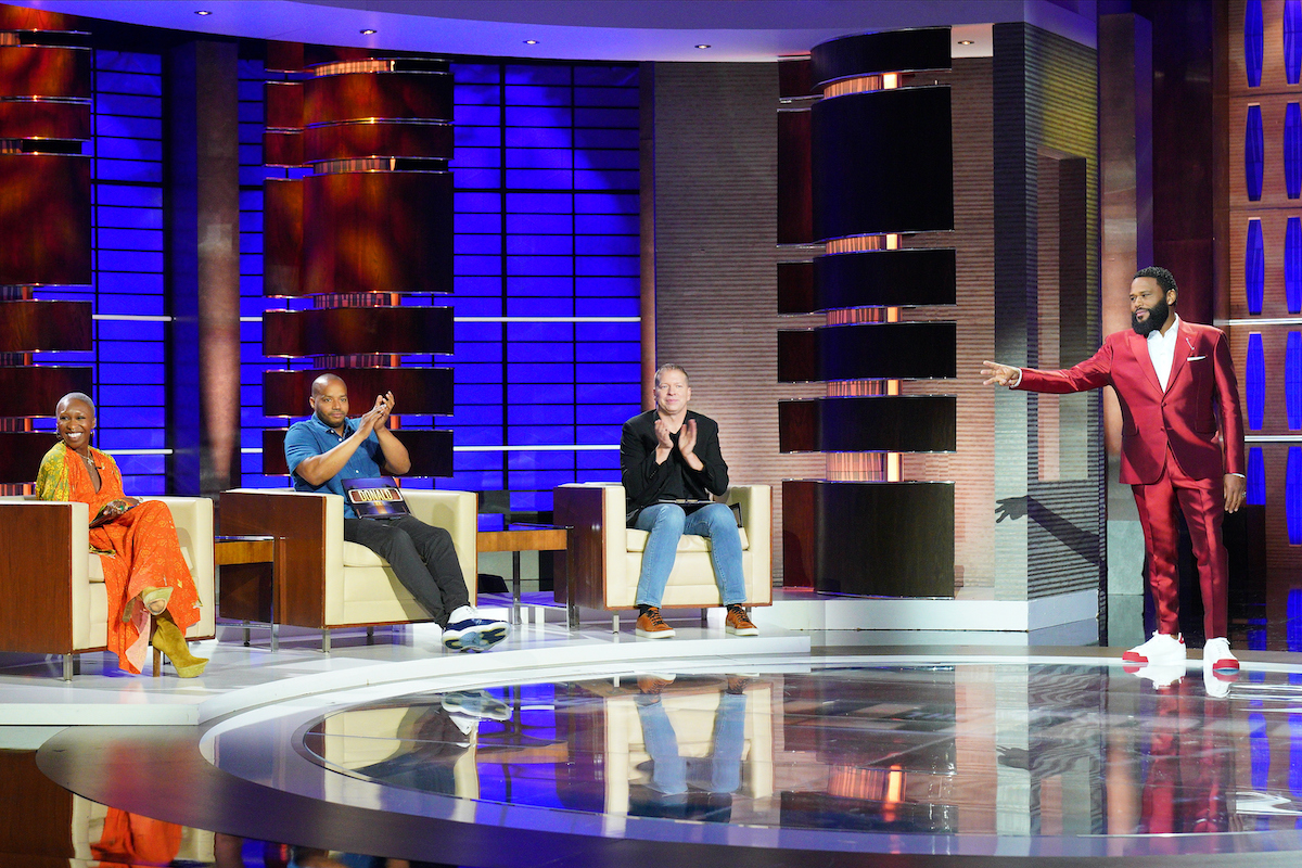 To Tell The Truth Episode 428 episodic still featuring Cynthia Erivo, Donald Faison, Gary Owen and show host Anthony Anderson