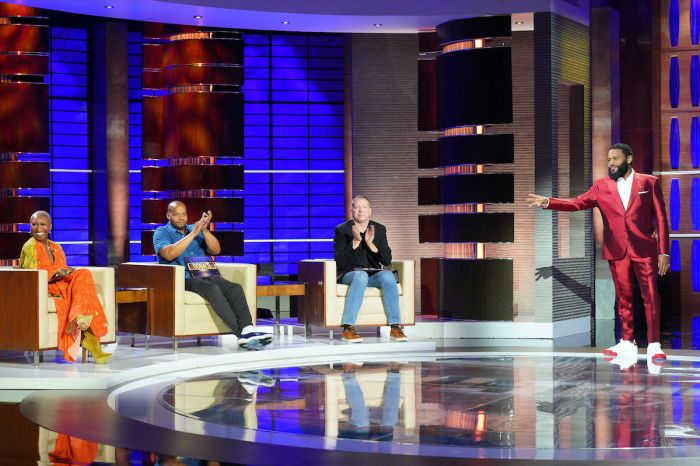 To Tell The Truth Episode 428 episodic still featuring Cynthia Erivo, Donald Faison, Gary Owen and show host Anthony Anderson