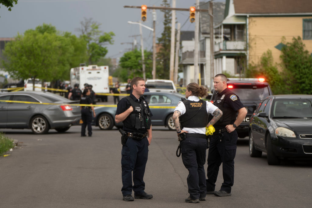 BUFFALO, NY - MAY 14: Police are posted on Riley Street after a